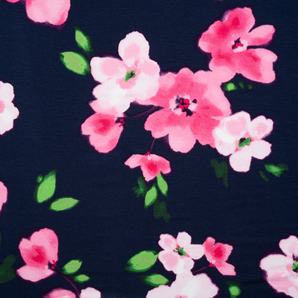 Stretch Rayon Jersey - Navy, Pink and Green Floral - Deadstock Stretch Rayon Jersey - Navy, Pink and Green Floral - Deadstock