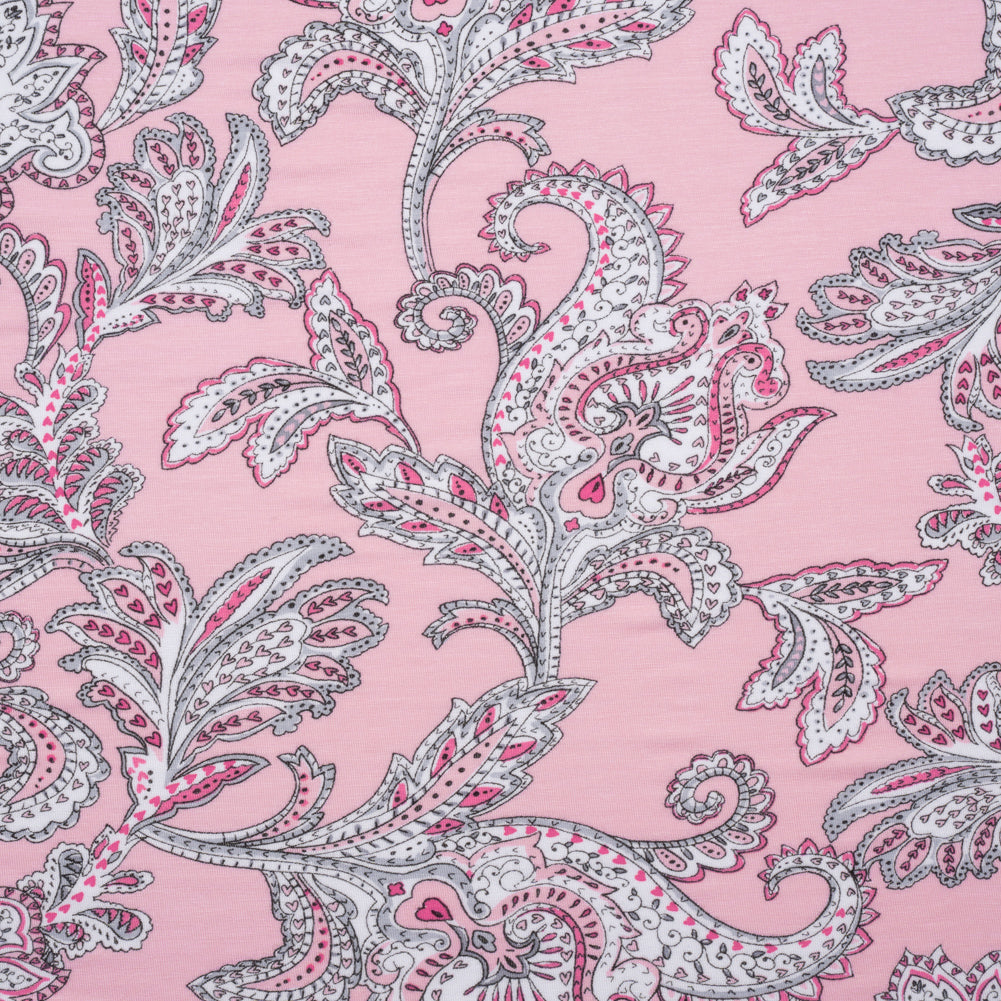 Stretch Rayon Jersey - Pink and Gray Jacobean Floral - Deadstock Stretch Rayon Jersey - Pink and Gray Jacobean Floral - Deadstock