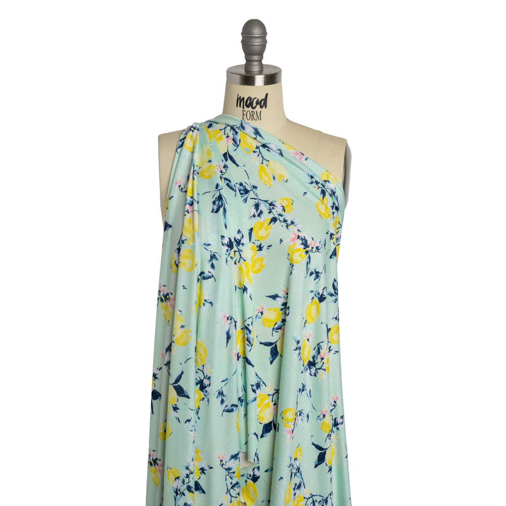 Stretch Rayon Jersey - Mint, Teal and Yellow Lemons on Trees - Deadstock Stretch Rayon Jersey - Mint, Teal and Yellow Lemons on Trees - Deadstock
