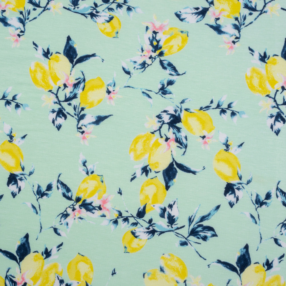 Stretch Rayon Jersey - Mint, Teal and Yellow Lemons on Trees - Deadstock Stretch Rayon Jersey - Mint, Teal and Yellow Lemons on Trees - Deadstock