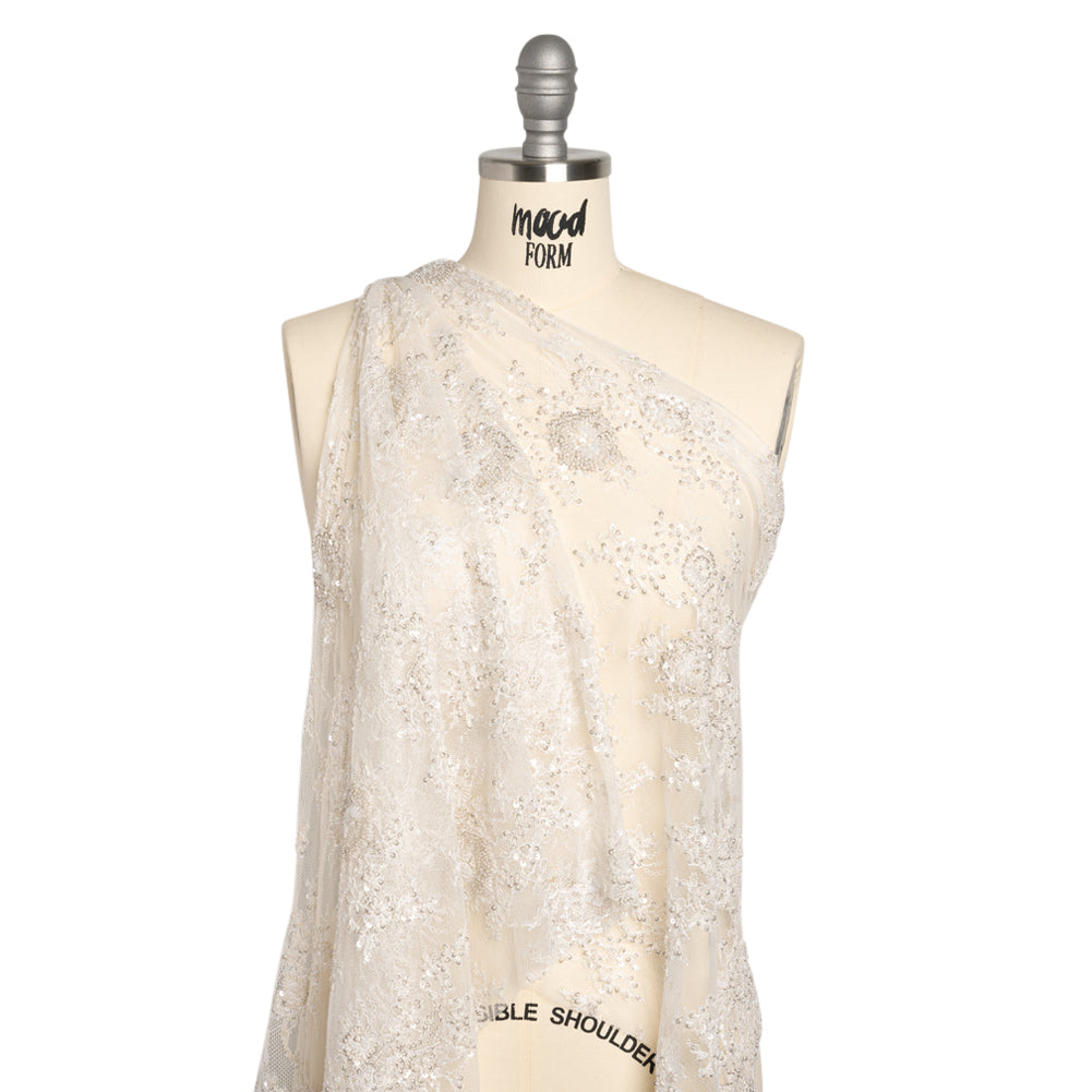 Embroidered Lace with Beading, Sequins, and Finished Edges - Off White Floral Drape Embroidered Lace with Beading, Sequins, and Finished Edges - Off White Floral Drape