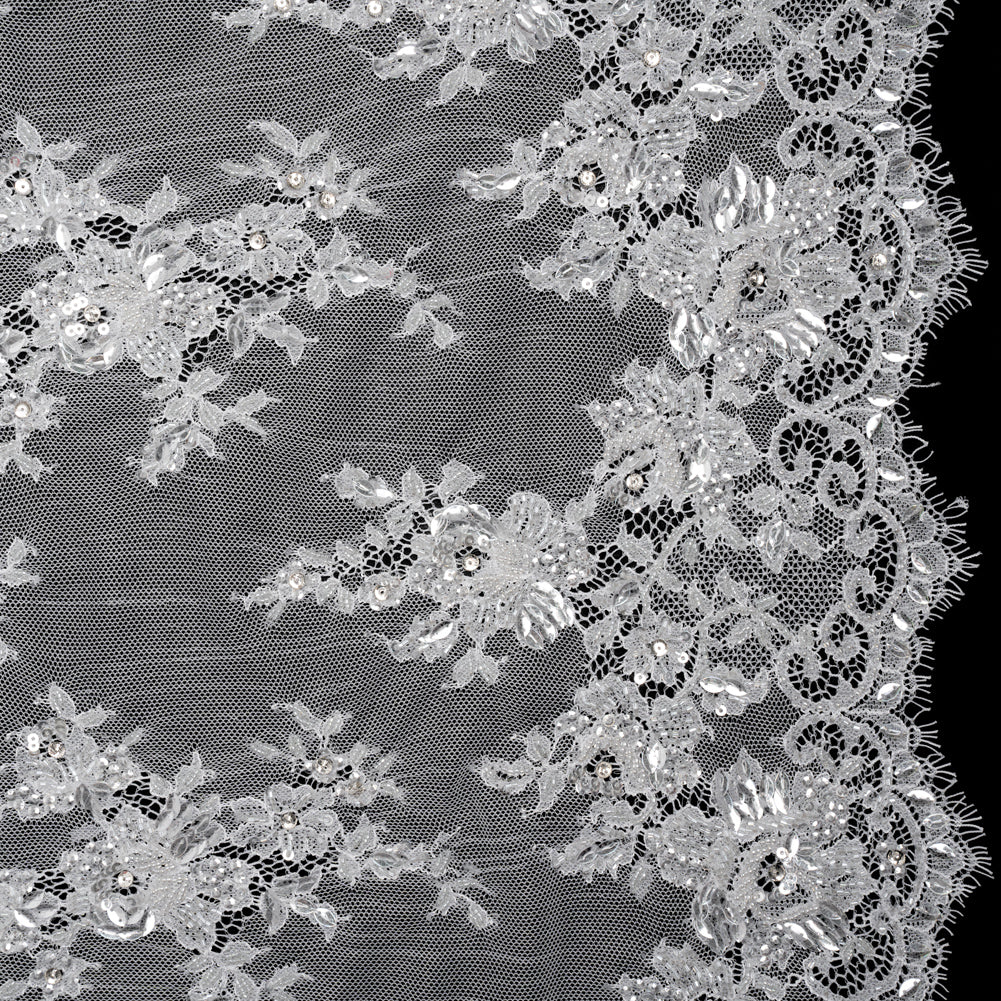 Chantilly Lace with Beads, Sequins and Finished Edges - Off White and Silver Floral Chantilly Lace with Beads, Sequins and Finished Edges - Off White and Silver Floral