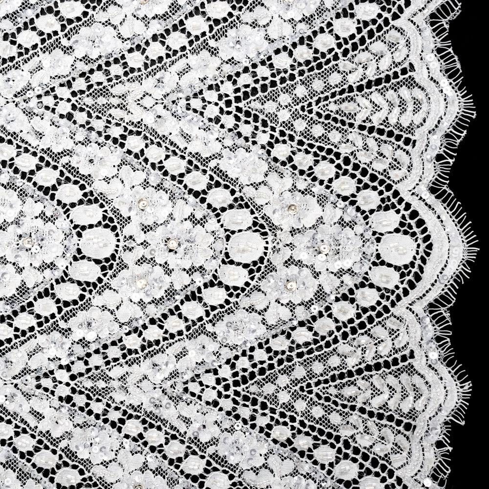 Bridal Lace with Beads, Sequins, and Finished Edge - Off White Floral Archways Bridal Lace with Beads, Sequins, and Finished Edge - Off White Floral Archways