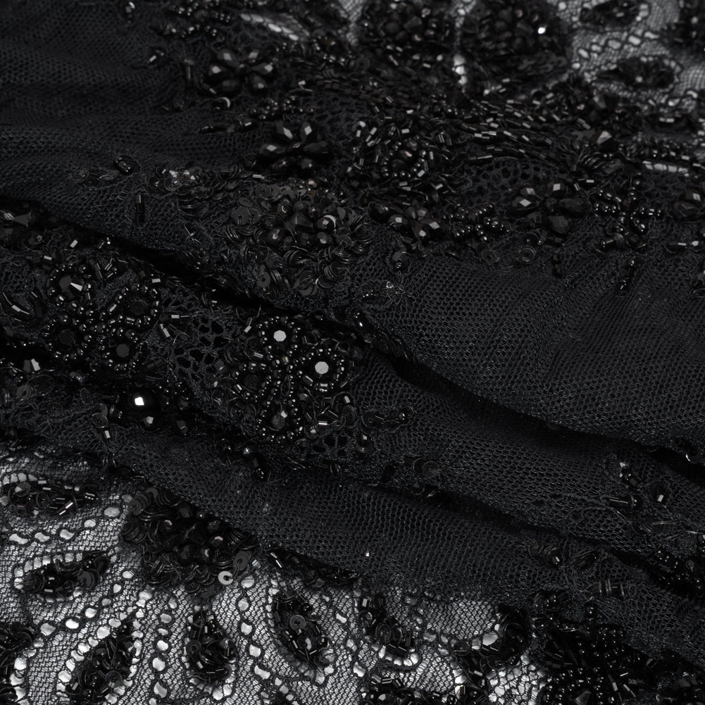 Beaded Lace with Sequin Studs and Finished Edges - Black Fantastical Florals Folded Beaded Lace with Sequin Studs and Finished Edges - Black Fantastical Florals Folded