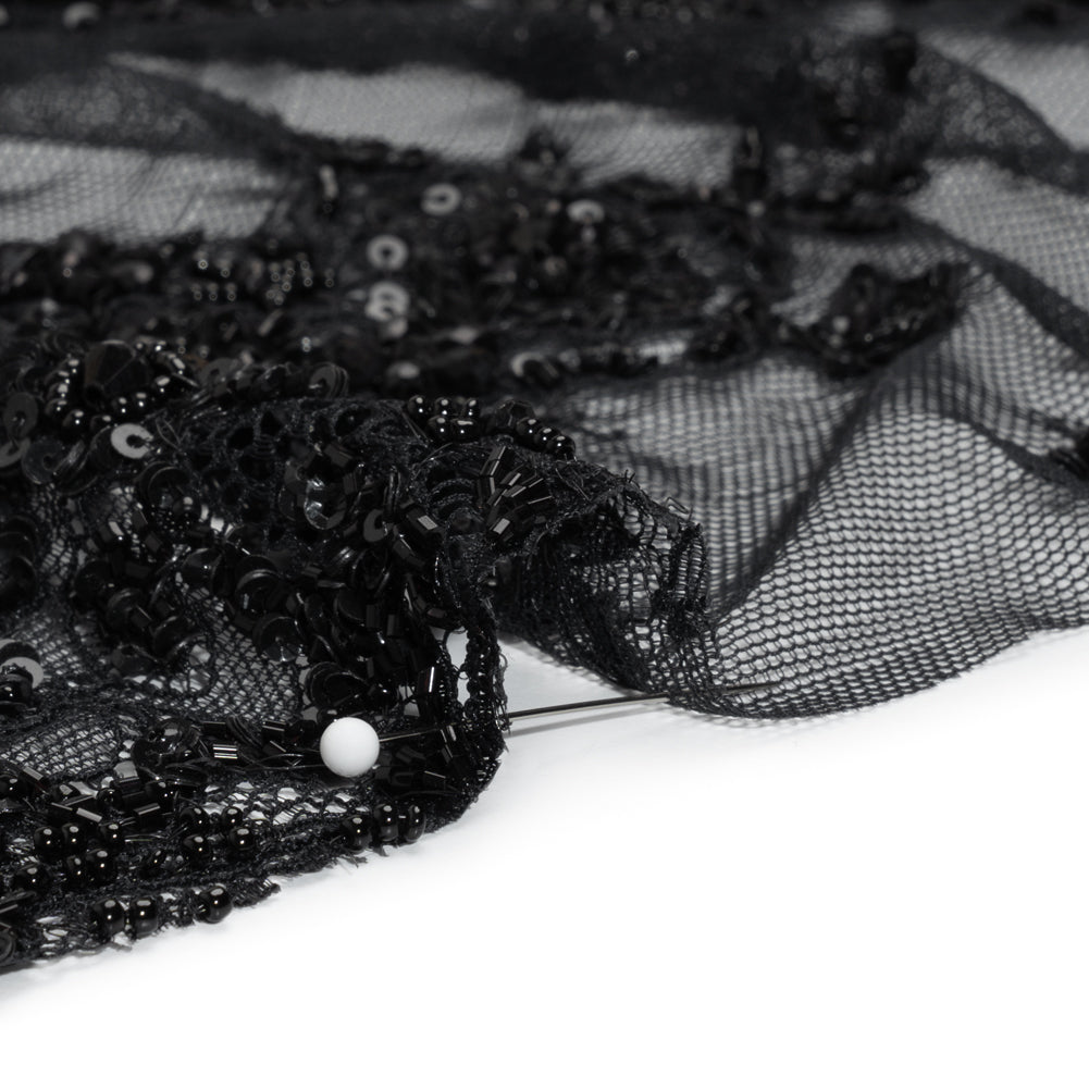 Beaded Lace with Sequin Studs and Finished Edges - Black Fantastical Florals Detail Beaded Lace with Sequin Studs and Finished Edges - Black Fantastical Florals Detail