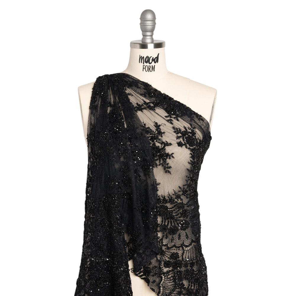 Beaded Lace with Sequin Studs and Finished Edges - Black Fantastical Florals Drape Beaded Lace with Sequin Studs and Finished Edges - Black Fantastical Florals Drape