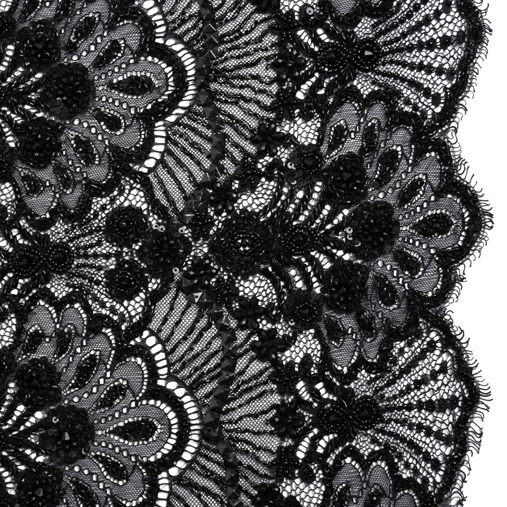 Beaded Lace with Sequin Studs and Finished Edges - Black Fantastical Florals Beaded Lace with Sequin Studs and Finished Edges - Black Fantastical Florals
