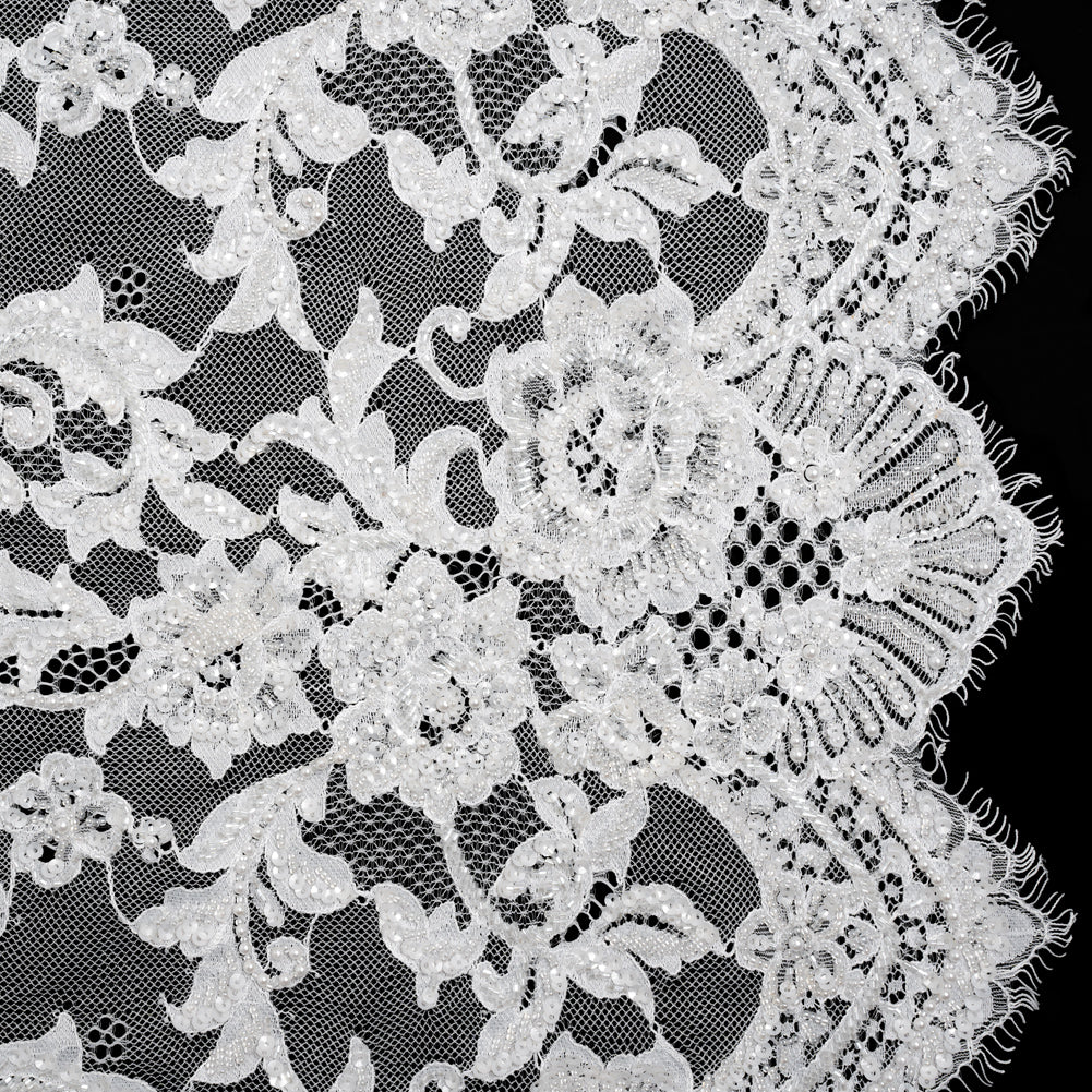 Chantilly Lace with Beads, Sequins, and Finished Edges - White and Ivory Flowering Vines Chantilly Lace with Beads, Sequins, and Finished Edges - White and Ivory Flowering Vines