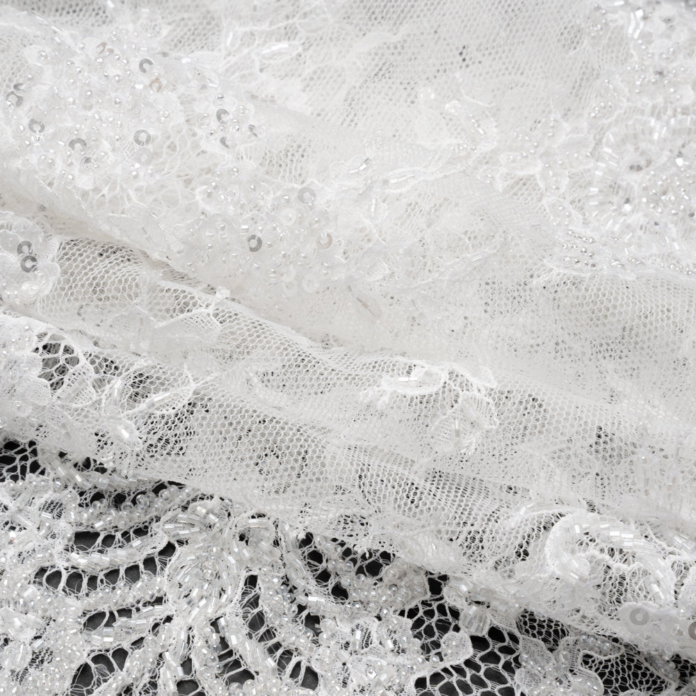 Chantilly Lace with Beads, Sequins, and Scalloped Finished Edges - White Floral Folded Chantilly Lace with Beads, Sequins, and Scalloped Finished Edges - White Floral Folded