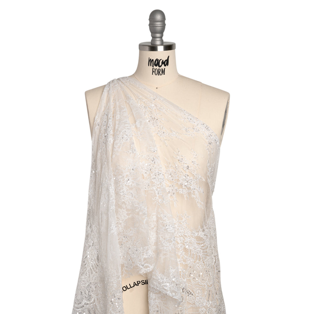 Chantilly Lace with Beads, Sequins, and Scalloped Finished Edges - White Floral Drape Chantilly Lace with Beads, Sequins, and Scalloped Finished Edges - White Floral Drape