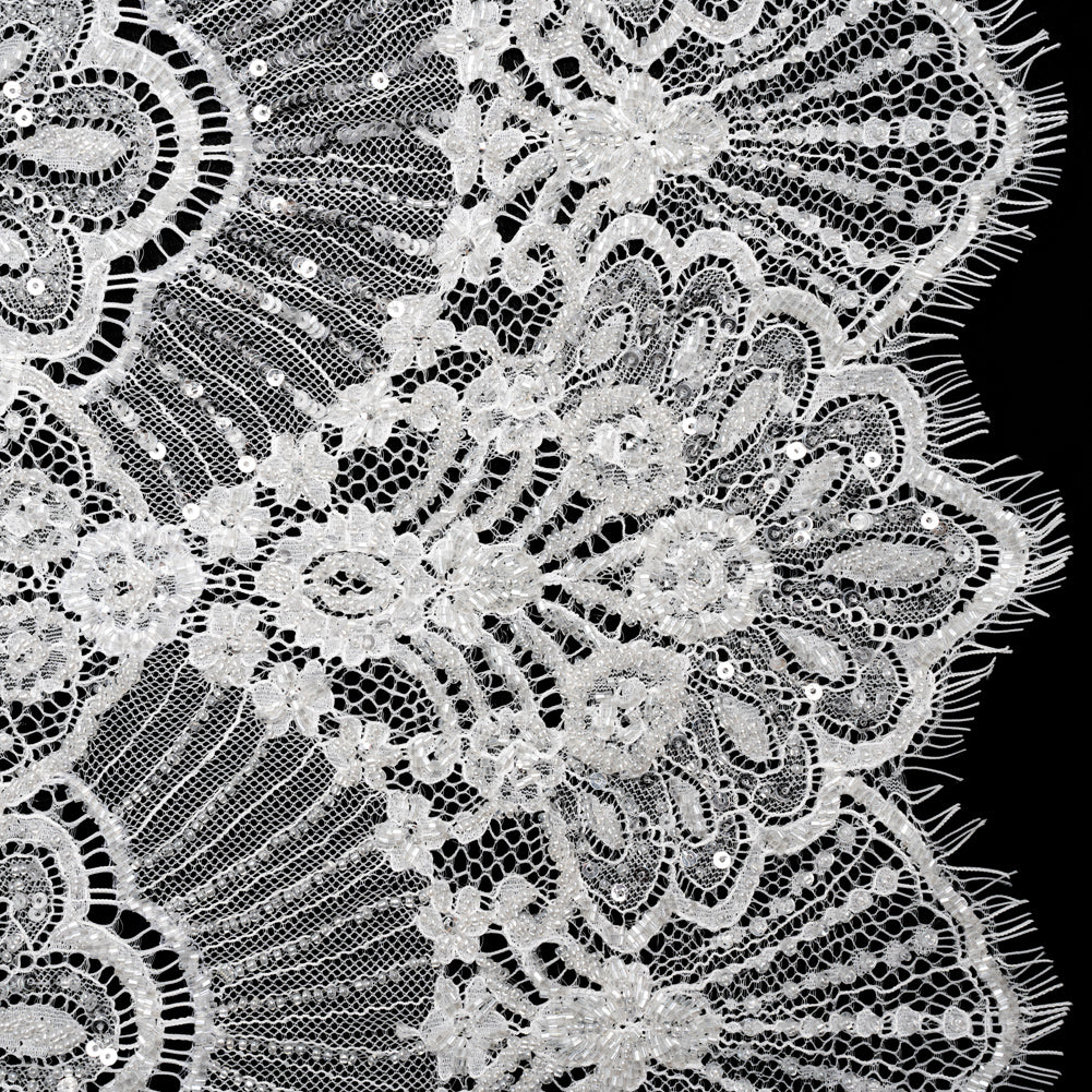Chantilly Lace with Beads, Sequins, and Scalloped Finished Edges - White Floral Chantilly Lace with Beads, Sequins, and Scalloped Finished Edges - White Floral