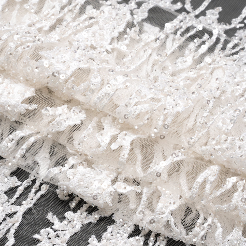 Embroidered Lace with Beads and Sequins - Off-White Abstract Lines Folded Embroidered Lace with Beads and Sequins - Off-White Abstract Lines Folded
