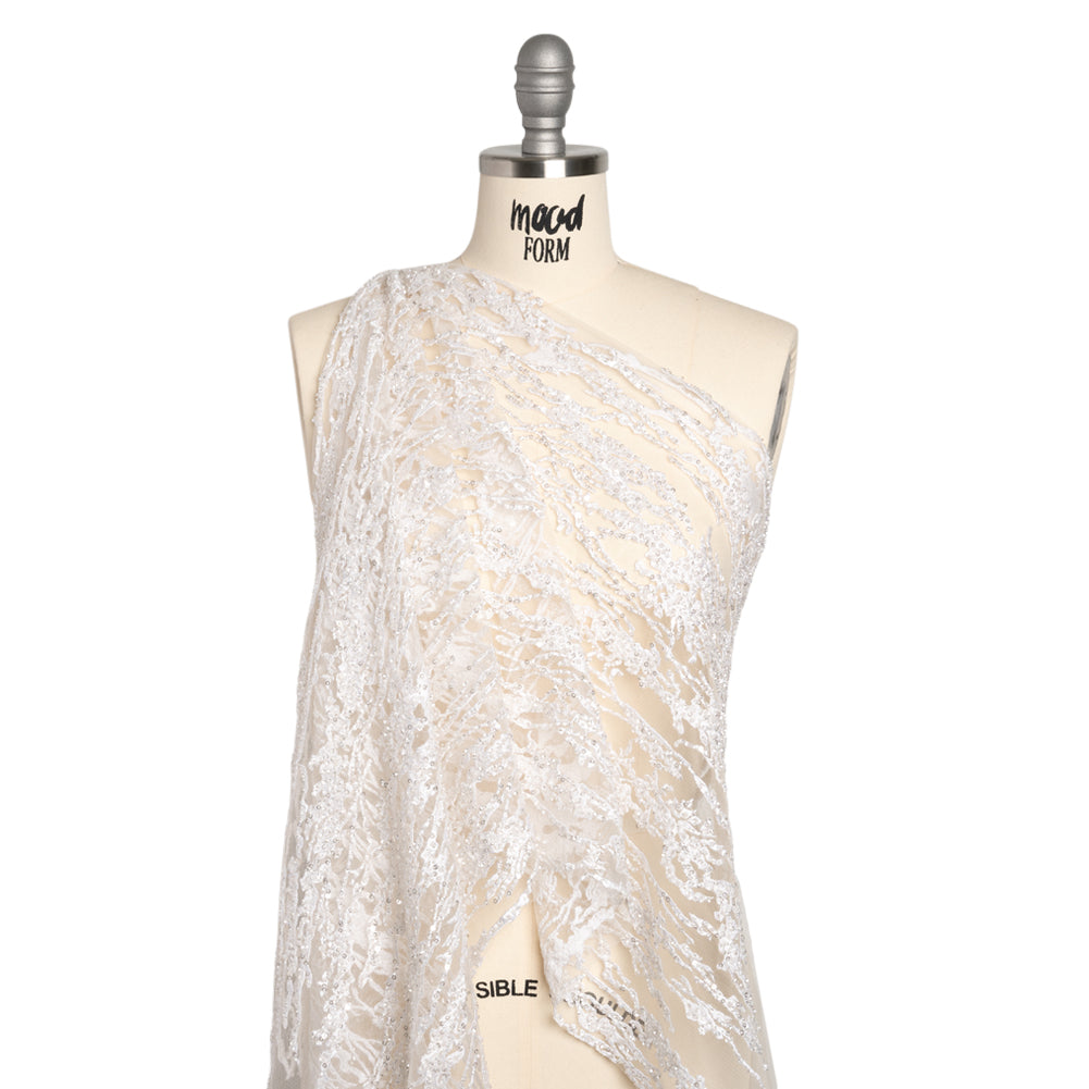 Embroidered Lace with Beads and Sequins - Off-White Abstract Lines Drape Embroidered Lace with Beads and Sequins - Off-White Abstract Lines Drape