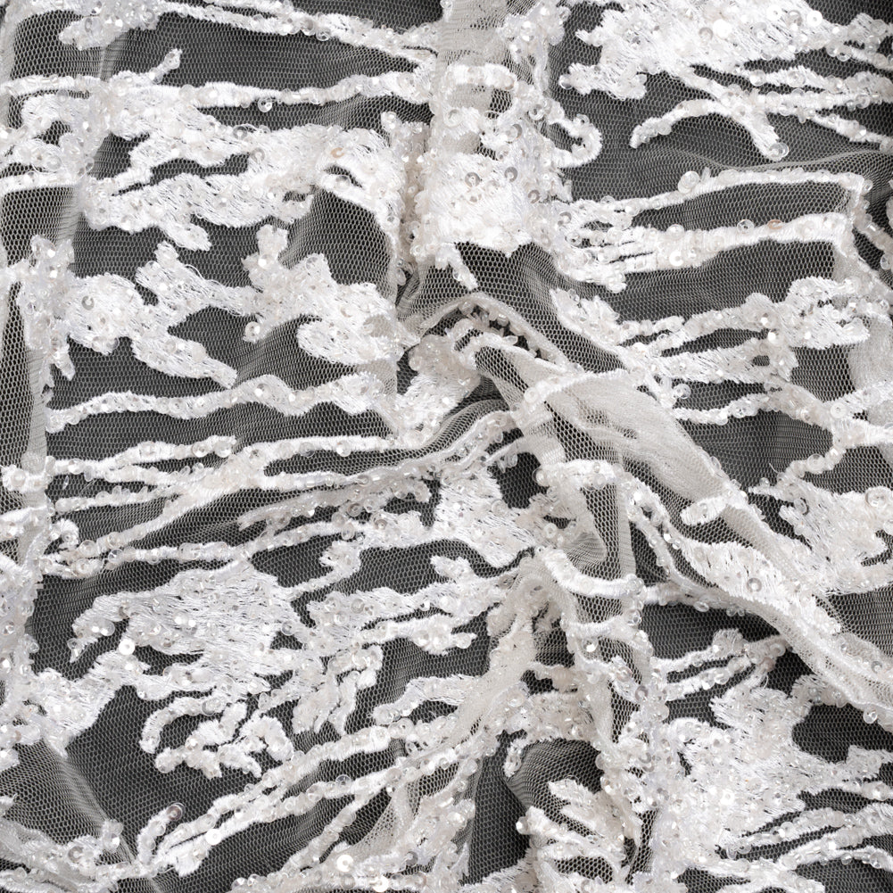 Embroidered Lace with Beads and Sequins - Off-White Abstract Lines Embroidered Lace with Beads and Sequins - Off-White Abstract Lines