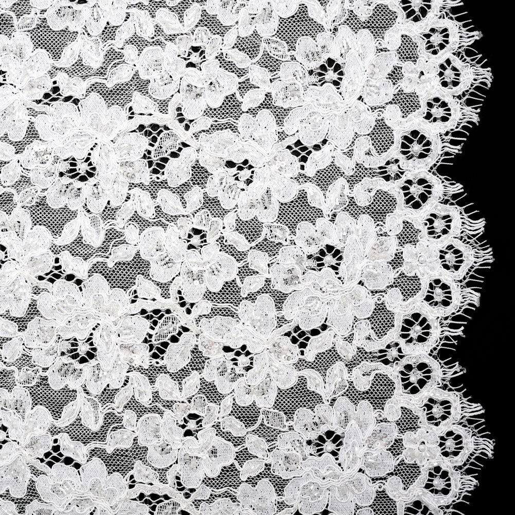 Corded Lace with Beads, Sequins and Finished Edges - Off White Floral Corded Lace with Beads, Sequins and Finished Edges - Off White Floral