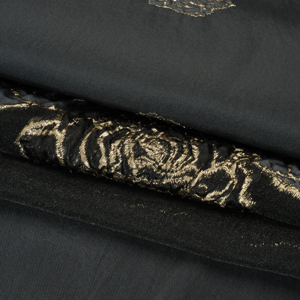 Metallic Burnout Luxury Brocade - Charcoal, Black and Gold Rose Border Metallic Burnout Luxury Brocade - Charcoal, Black and Gold Rose Border