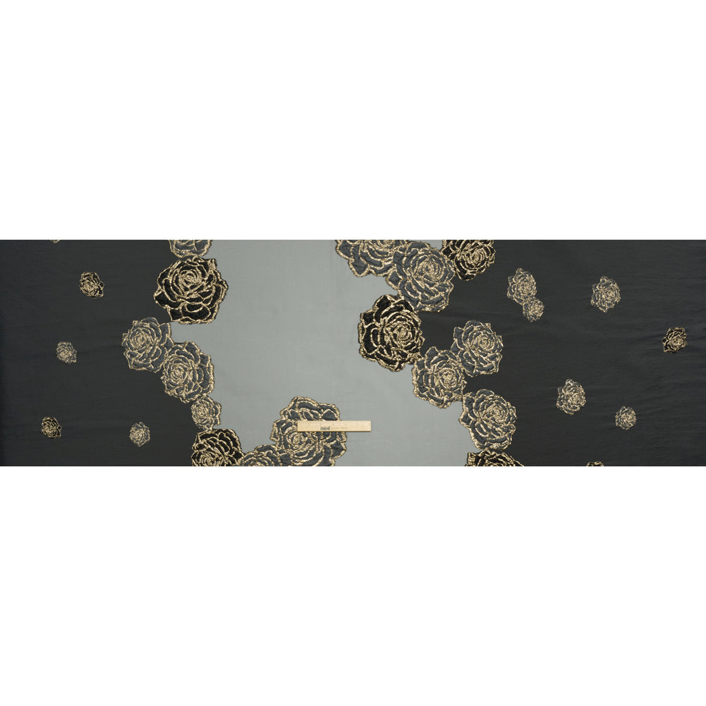 Metallic Burnout Luxury Brocade - Charcoal, Black and Gold Rose Border Metallic Burnout Luxury Brocade - Charcoal, Black and Gold Rose Border
