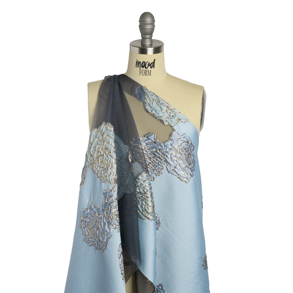 Metallic Burnout Luxury Brocade - Sky Blue and Gold Rose Border Metallic Burnout Luxury Brocade - Sky Blue and Gold Rose Border