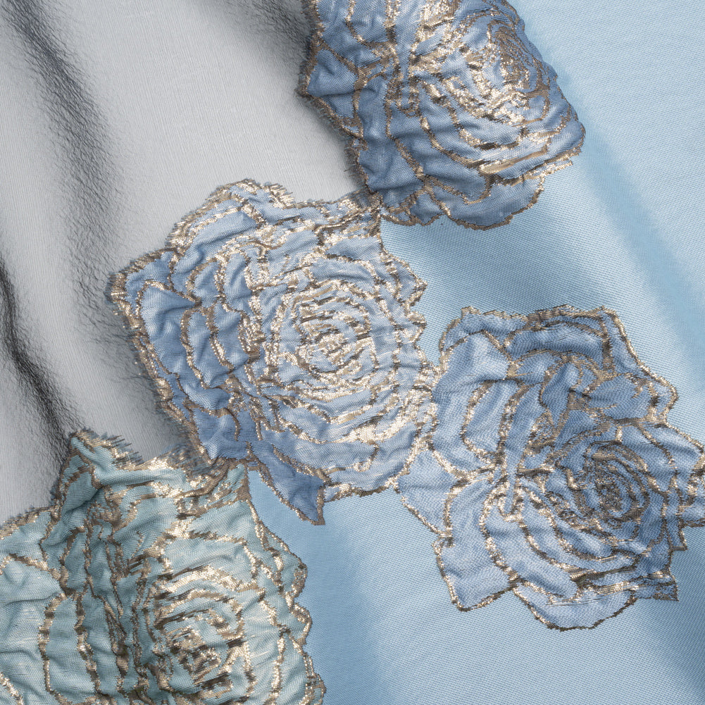 Metallic Burnout Luxury Brocade - Sky Blue and Gold Rose Border Metallic Burnout Luxury Brocade - Sky Blue and Gold Rose Border