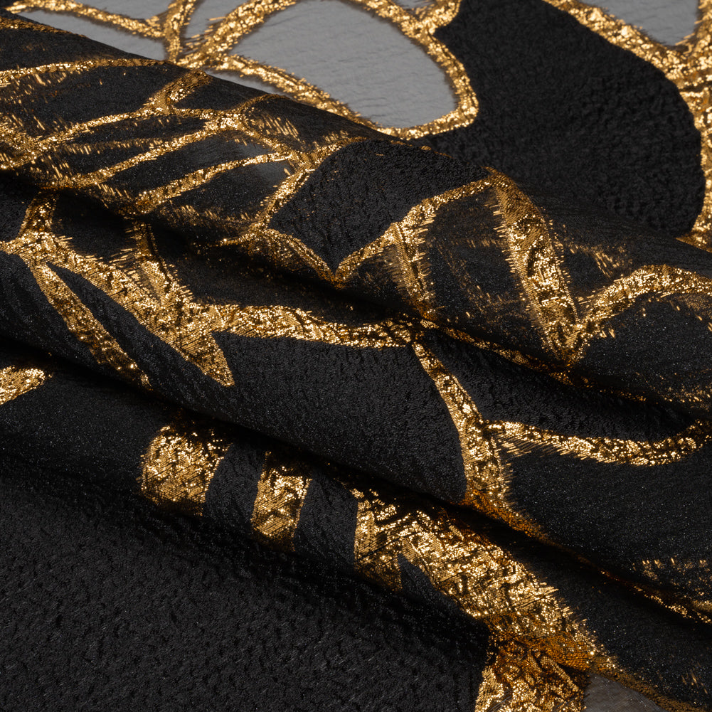 Metallic Luxury Burnout Brocade Panel - Black and Gold Floral Medallion - Folded Metallic Luxury Burnout Brocade Panel - Black and Gold Floral Medallion - Folded