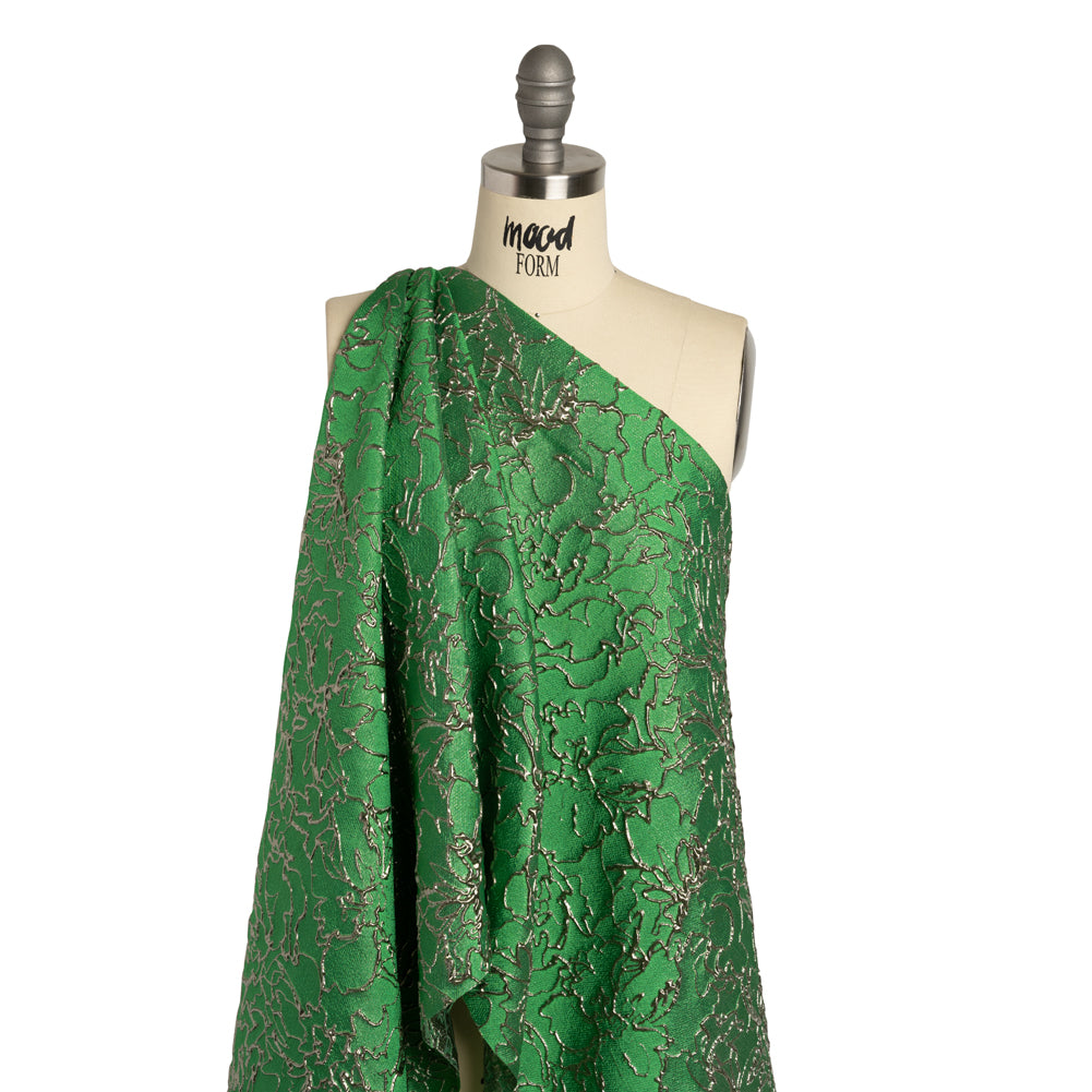 Metallic Luxury Brocade - Kelly Green and Silver Floral Outlines Metallic Luxury Brocade - Kelly Green and Silver Floral Outlines