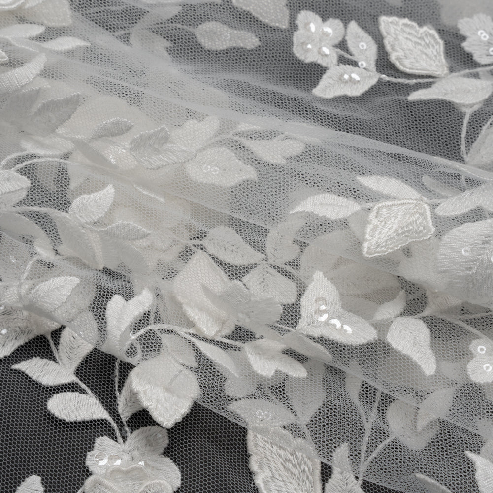 Embroidered 3D Lace with Clear Baby Sequins - White Floral Vines Embroidered 3D Lace with Clear Baby Sequins - White Floral Vines