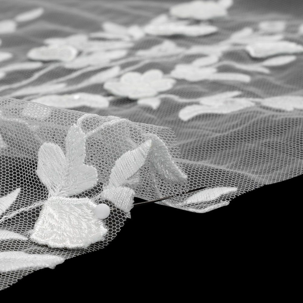 Embroidered 3D Lace with Clear Baby Sequins - White Floral Vines Embroidered 3D Lace with Clear Baby Sequins - White Floral Vines