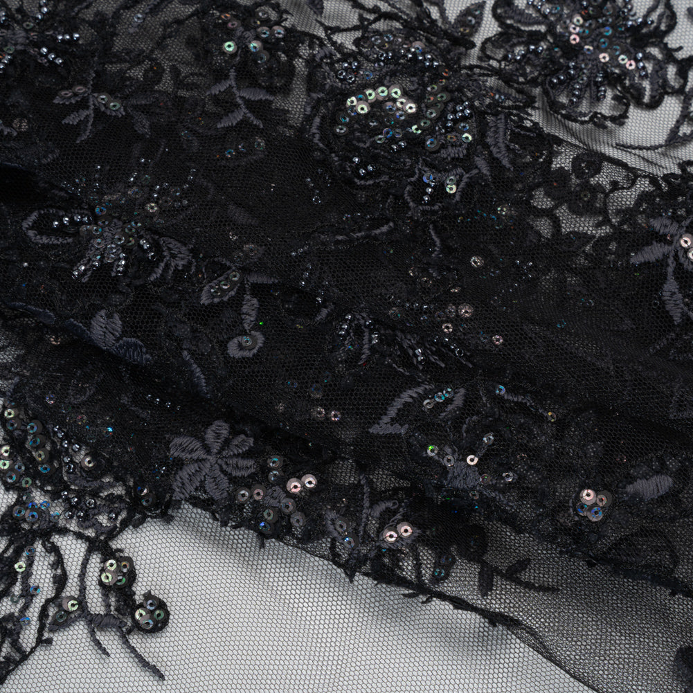 Embroidered and Beaded Lace with Holographic Sequins - Black and Gray Rose Garden Embroidered and Beaded Lace with Holographic Sequins - Black and Gray Rose Garden