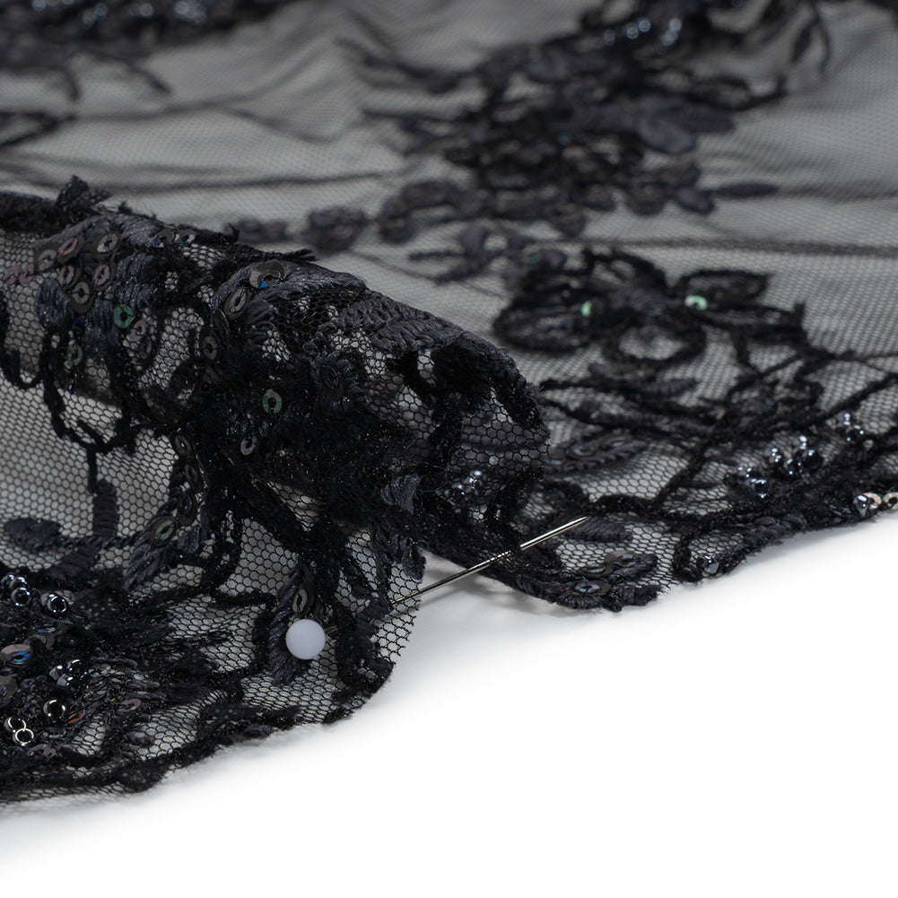 Embroidered and Beaded Lace with Holographic Sequins - Black and Gray Rose Garden Embroidered and Beaded Lace with Holographic Sequins - Black and Gray Rose Garden