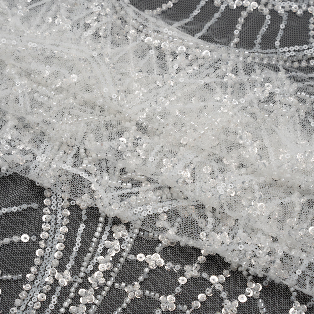 Embroidered Lace with Beads and Sequins - White and Silver Geometric Archways - Folded Embroidered Lace with Beads and Sequins - White and Silver Geometric Archways - Folded