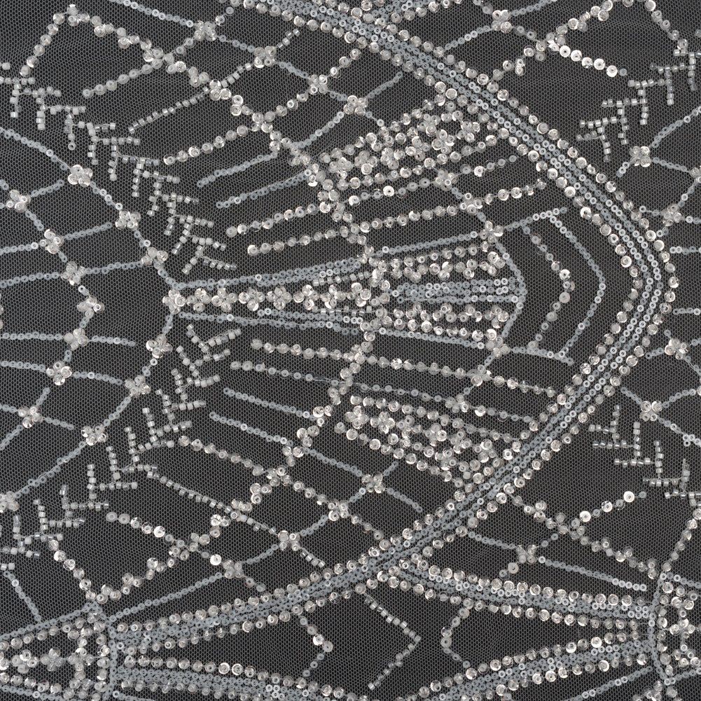 Embroidered Lace with Beads and Sequins - White and Silver Geometric Archways Embroidered Lace with Beads and Sequins - White and Silver Geometric Archways