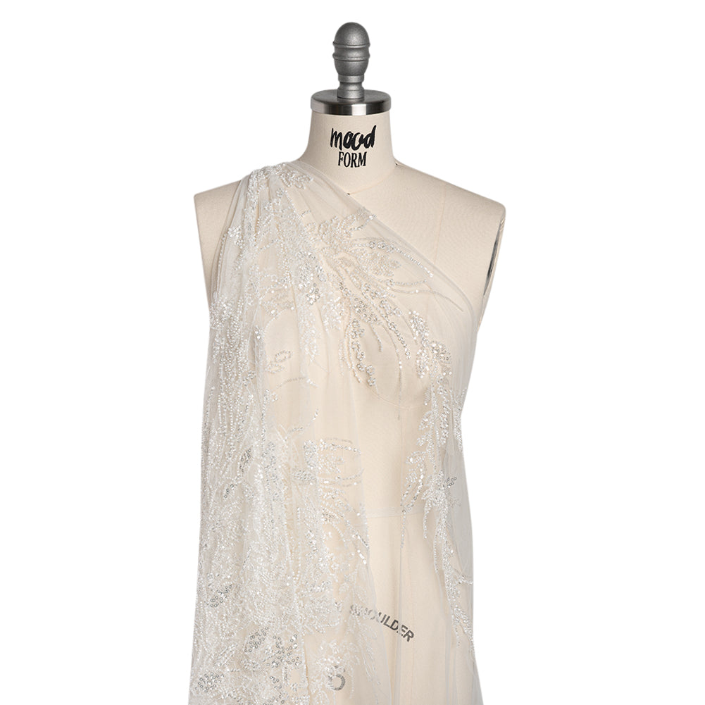 Beaded and Sequined Lace - White Leafy Border Beaded and Sequined Lace - White Leafy Border