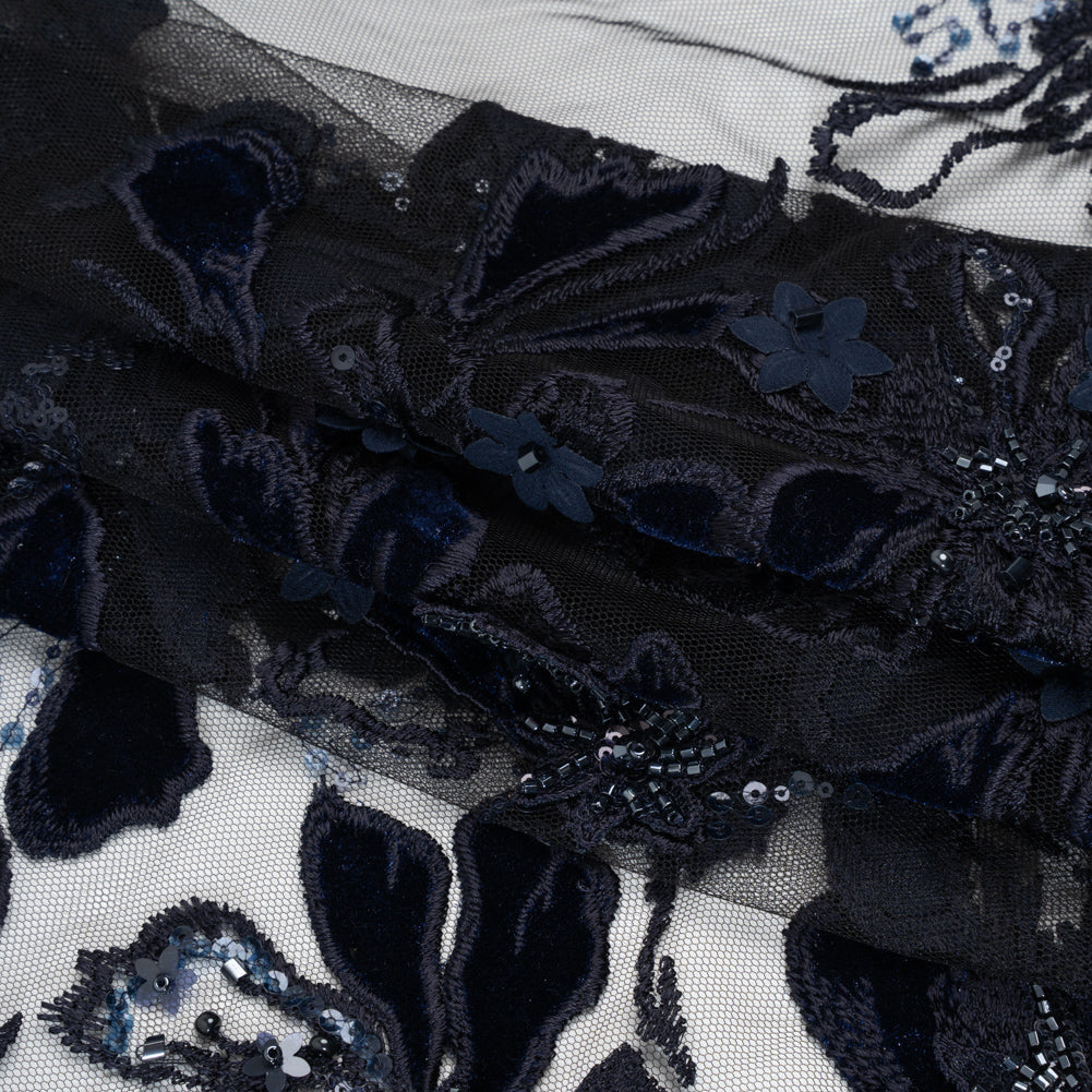 Embroidered 3D Lace with Beading and Velvet Applique - Navy Blue Floral Embroidered 3D Lace with Beading and Velvet Applique - Navy Blue Floral