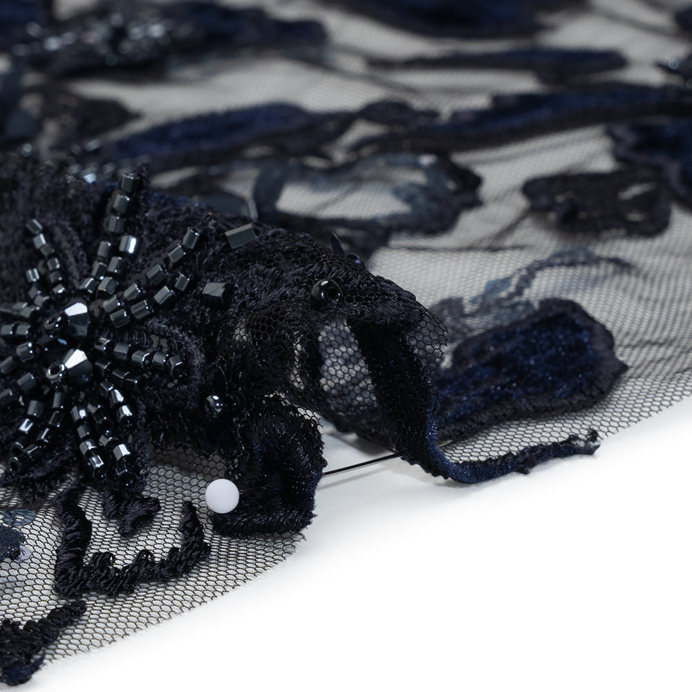Embroidered 3D Lace with Beading and Velvet Applique - Navy Blue Floral Embroidered 3D Lace with Beading and Velvet Applique - Navy Blue Floral