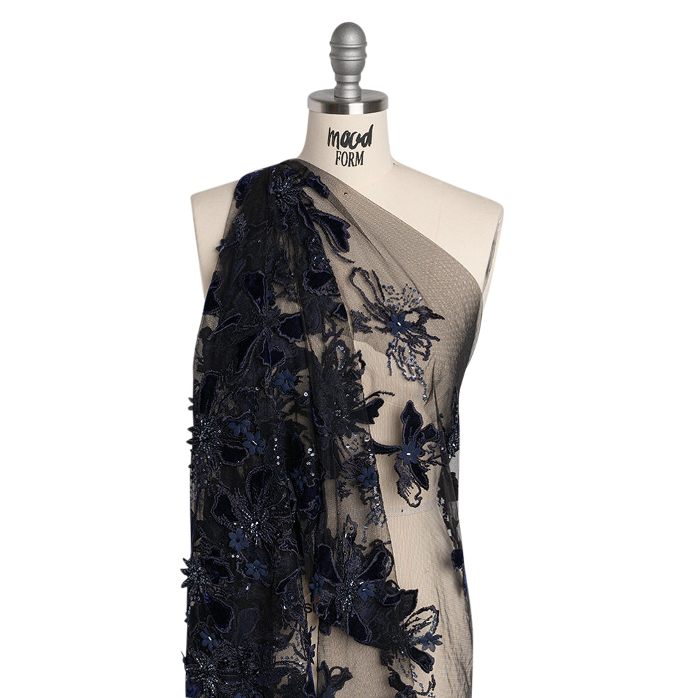 Embroidered 3D Lace with Beading and Velvet Applique - Navy Blue Floral Embroidered 3D Lace with Beading and Velvet Applique - Navy Blue Floral