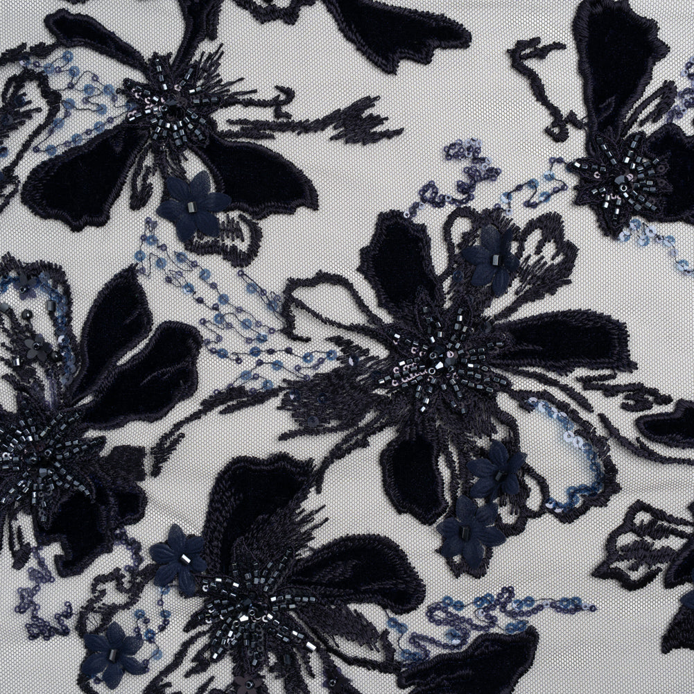 Embroidered 3D Lace with Beading and Velvet Applique - Navy Blue Floral Embroidered 3D Lace with Beading and Velvet Applique - Navy Blue Floral