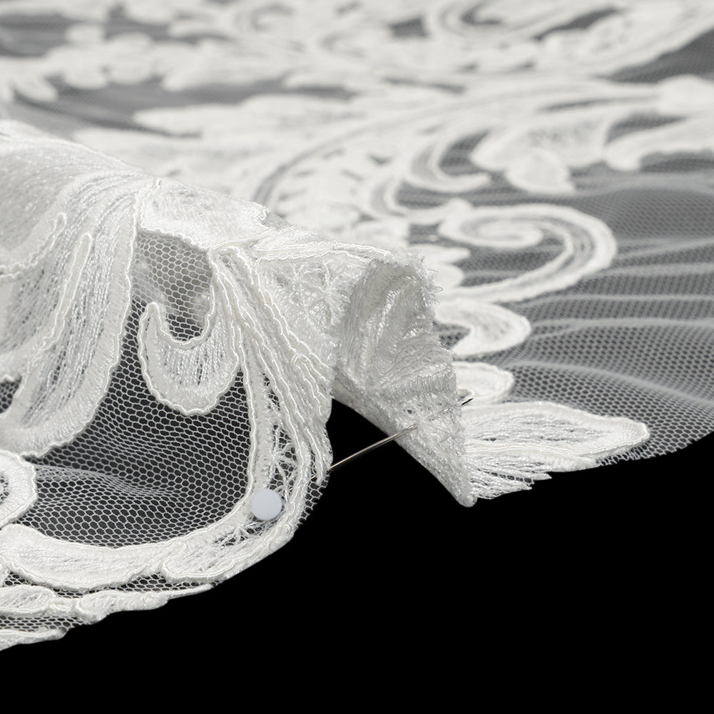 Embroidered Corded Lace with Finished Edges - Ivory Floral Scrolls - Detail Embroidered Corded Lace with Finished Edges - Ivory Floral Scrolls - Detail