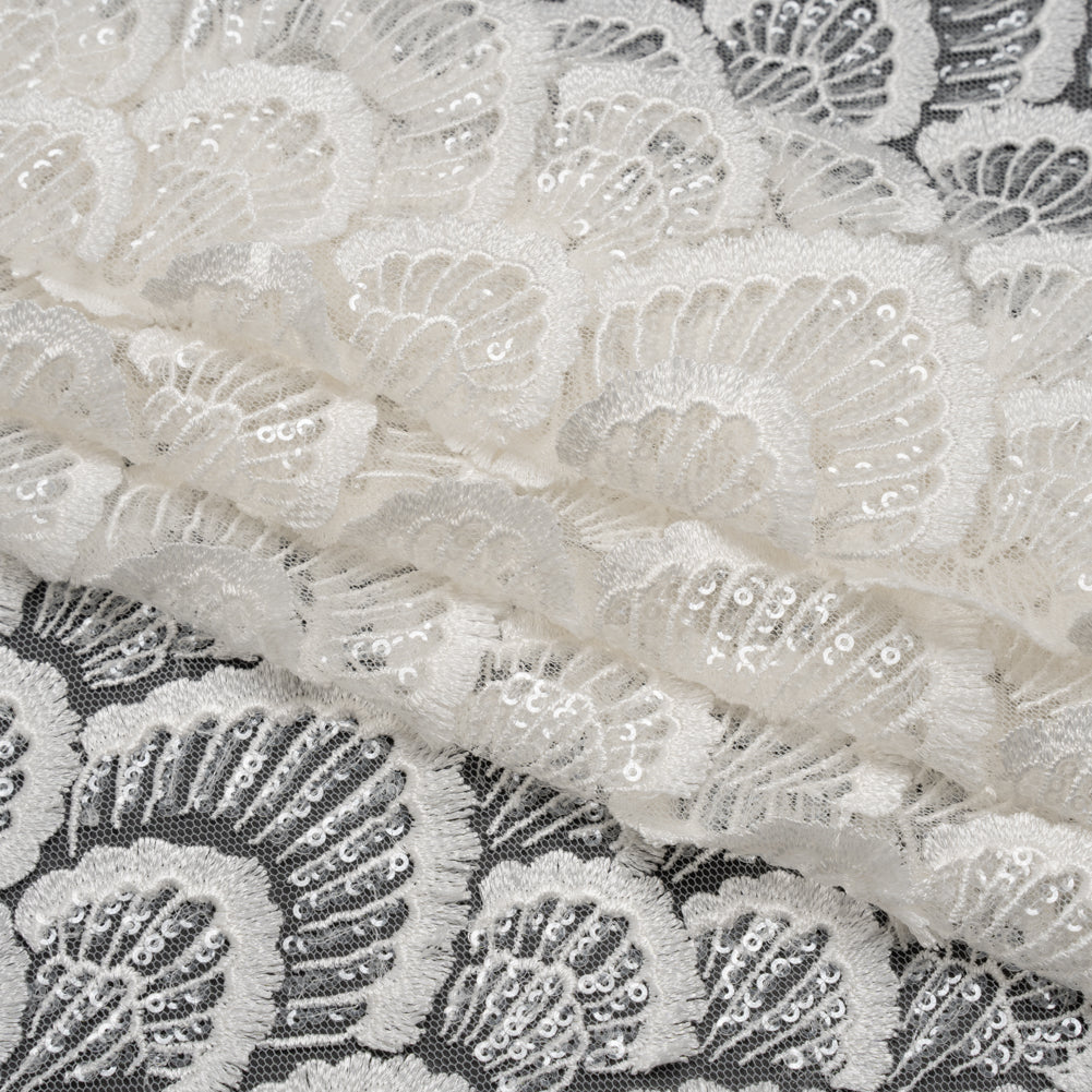 Embroidered Lace with Clear Baby Sequins - Ivory Fringed Petal-Like Scales Embroidered Lace with Clear Baby Sequins - Ivory Fringed Petal-Like Scales