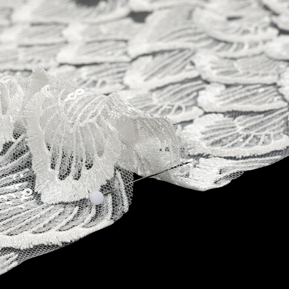 Embroidered Lace with Clear Baby Sequins - Ivory Fringed Petal-Like Scales Embroidered Lace with Clear Baby Sequins - Ivory Fringed Petal-Like Scales