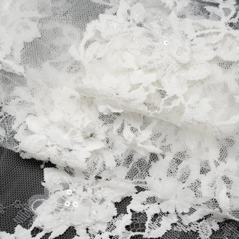 3D Fabric Flowers Embroidered Lace with Sequins and Finished Edges - Off White Floral 3D Fabric Flowers Embroidered Lace with Sequins and Finished Edges - Off White Floral