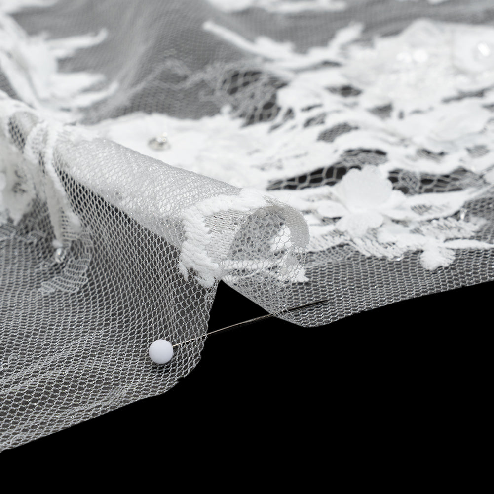 3D Fabric Flowers Embroidered Lace with Sequins and Finished Edges - Off White Floral 3D Fabric Flowers Embroidered Lace with Sequins and Finished Edges - Off White Floral