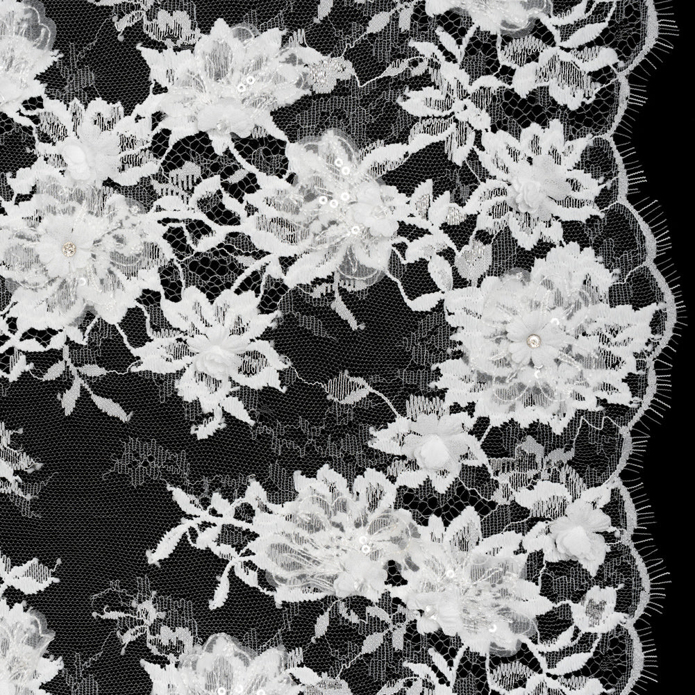 3D Fabric Flowers Embroidered Lace with Sequins and Finished Edges - Off White Floral 3D Fabric Flowers Embroidered Lace with Sequins and Finished Edges - Off White Floral