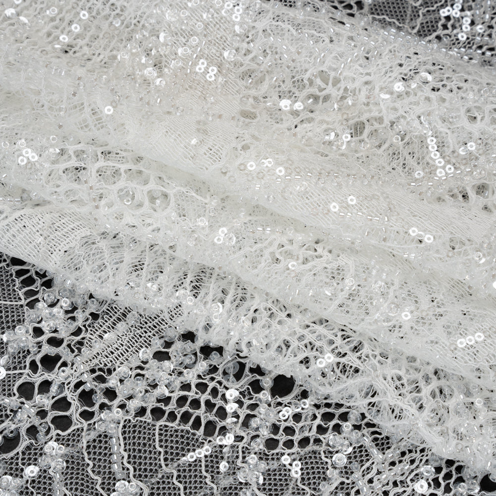 Corded Lace with Clear Beads and Sequins and Finished Edges - White Abstract Corded Lace with Clear Beads and Sequins and Finished Edges - White Abstract