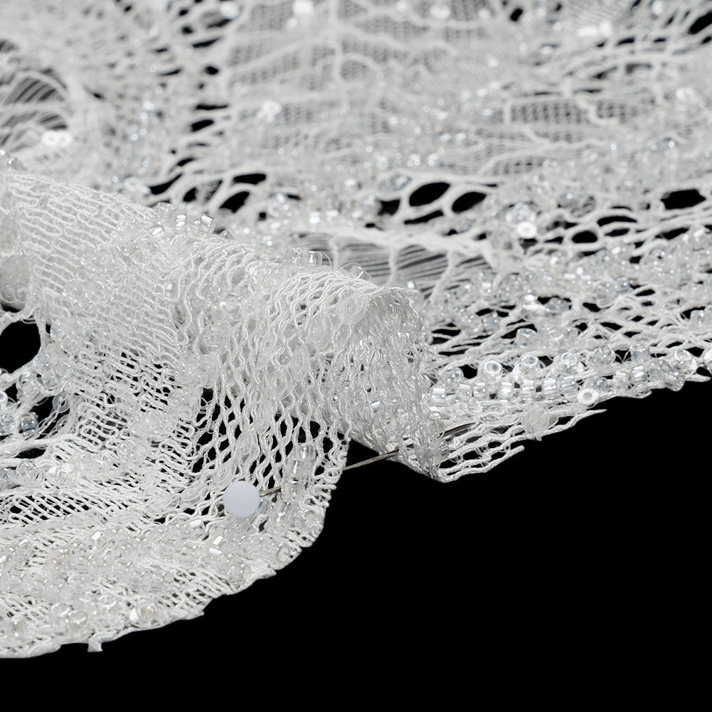 Corded Lace with Clear Beads and Sequins and Finished Edges - White Abstract Corded Lace with Clear Beads and Sequins and Finished Edges - White Abstract