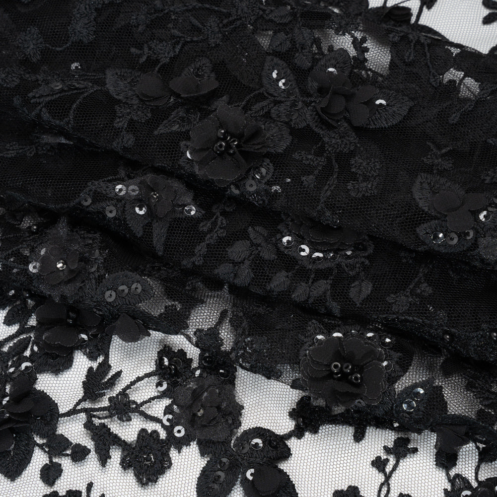 Embroidered 3D Lace with Beads and Sequins - Black Rose Bushes Embroidered 3D Lace with Beads and Sequins - Black Rose Bushes