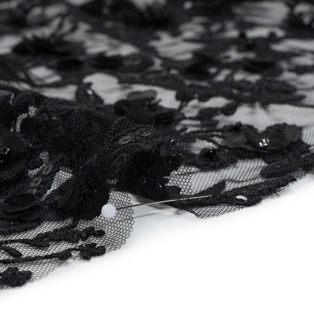 Embroidered 3D Lace with Beads and Sequins - Black Rose Bushes Embroidered 3D Lace with Beads and Sequins - Black Rose Bushes