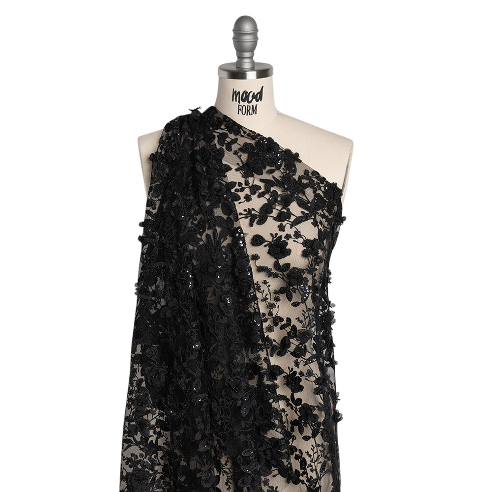 Embroidered 3D Lace with Beads and Sequins - Black Rose Bushes Embroidered 3D Lace with Beads and Sequins - Black Rose Bushes
