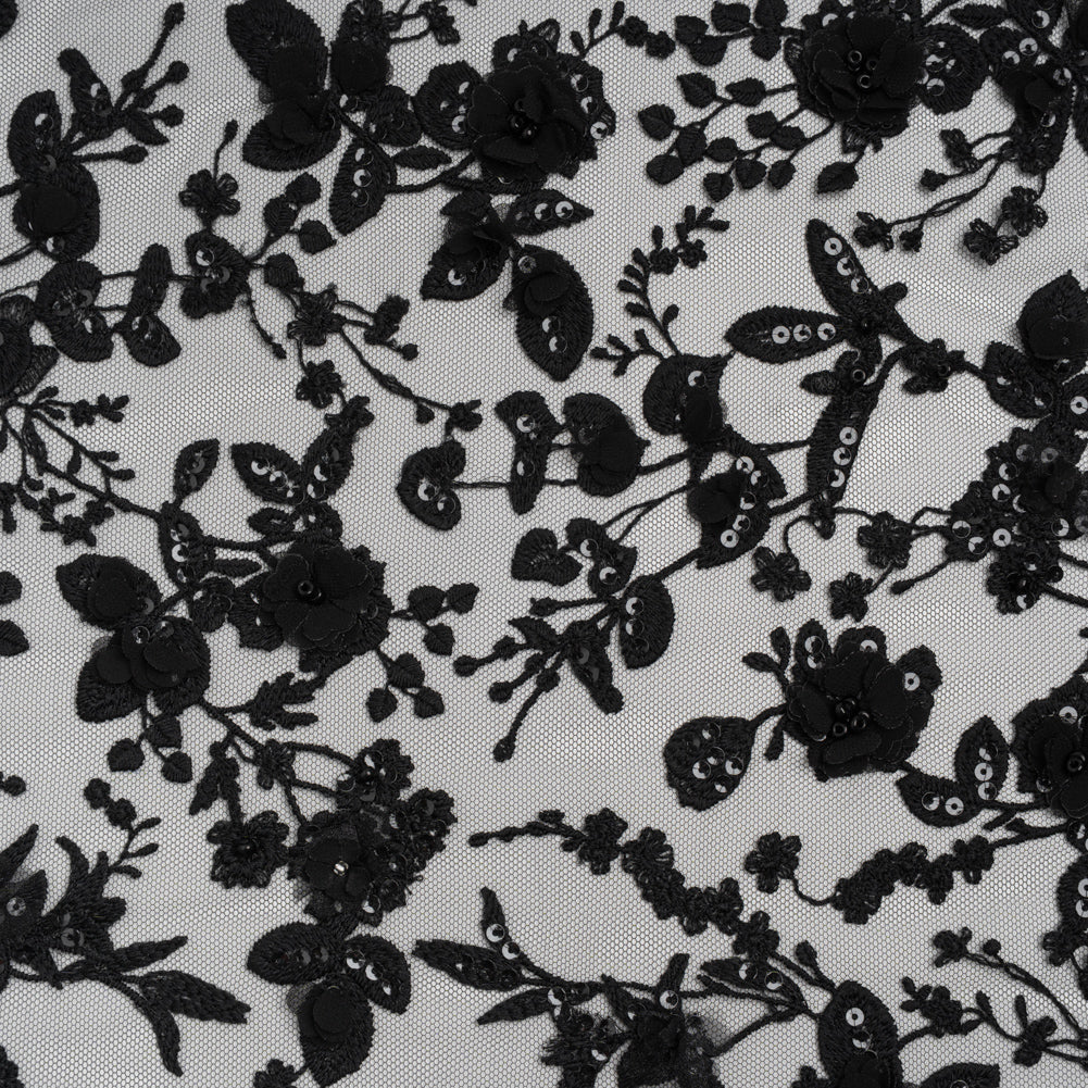 Embroidered 3D Lace with Beads and Sequins - Black Rose Bushes Embroidered 3D Lace with Beads and Sequins - Black Rose Bushes