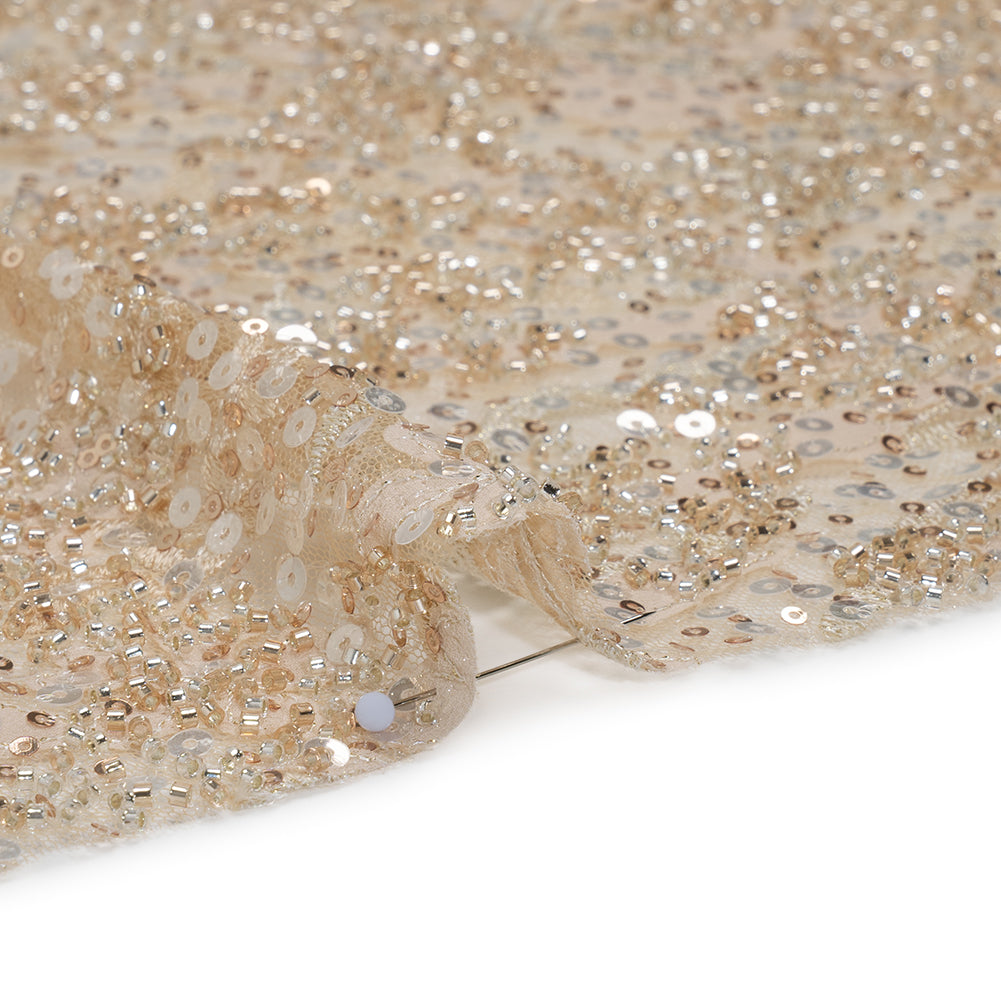 Embroidered and Applique Lace with Gold and Silver Beads and Sequins - Beige Floral Confetti Embroidered and Applique Lace with Gold and Silver Beads and Sequins - Beige Floral Confetti