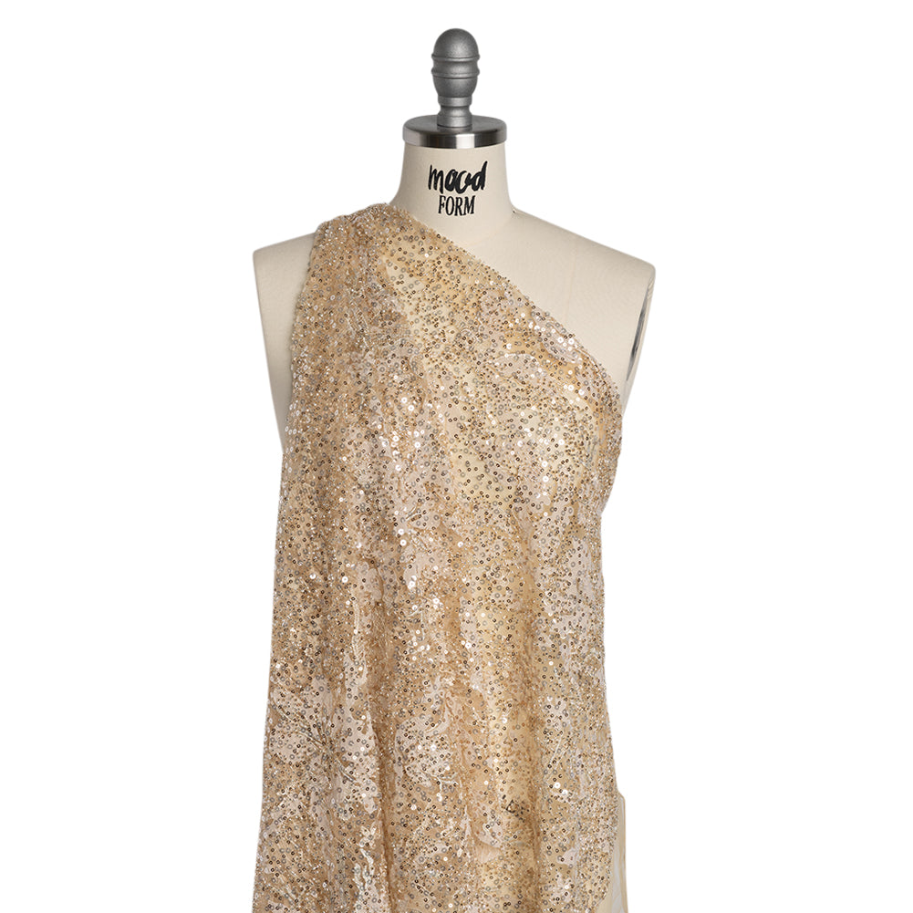 Embroidered and Applique Lace with Gold and Silver Beads and Sequins - Beige Floral Confetti Embroidered and Applique Lace with Gold and Silver Beads and Sequins - Beige Floral Confetti